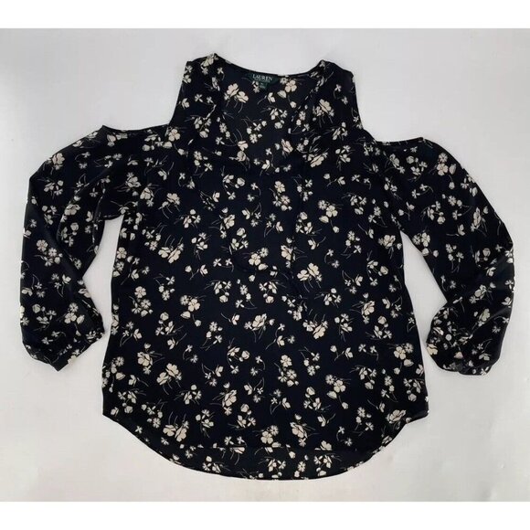 Lauren Ralph Lauren Chalsie Black Floral Print Blouse Cold Shoulder Top Size PL - Picture 5 of 14